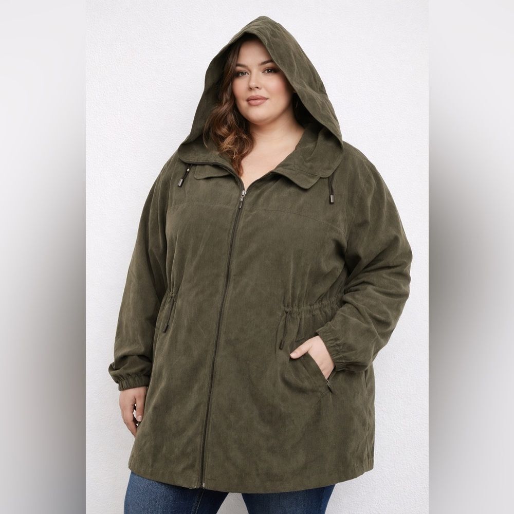 Gallery Womens Faux Suede Hooded Walker Coat Outerwear Plus Size 2X Green Winter